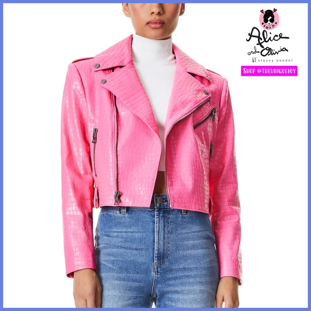 Alice + Olivia Cody Pink Vegan Leather Croc Moto Jacket - Picture 1 of 16